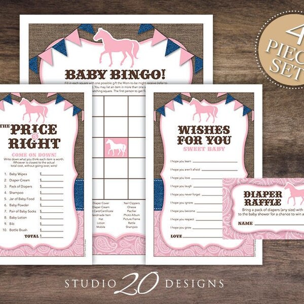 Instant Download Pink Cowgirl Baby Shower Games Pack, Printable Country Western Bingo, Price Is Right, Wishes for Baby, Diaper Raffle 94A
