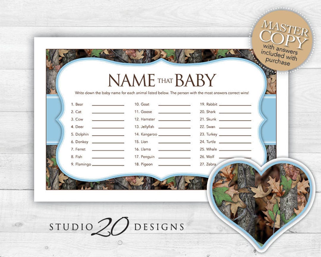 Instant Download Blue Camo Baby Shower Name That Baby Game, Realistic