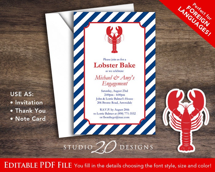 Instant Download Lobster Bake Invitations Editable Pdf, DIY 4x6 Printable Engagement Party Invitations, AUTOFILL enabled Seafood Invites 22A