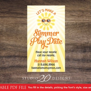Instant Download Summer Play Date Cards Editable Pdf, DIY Mommy Calling Card, Gender Netural Kids Business Play Card AUTOFILL Enabled 20B
