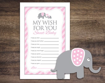 Instant Download Pink Elephant Theme Baby Shower Wishes for Baby, Printable Wish for Baby for Girl, Baby Pink Wishes for Baby Card #22B