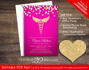 Instant Download Hot Pink Gold Glitter Nursing Graduation Invitations Editable Pdf, 4x6 Medical Invites, DIY Printable AUTOFILL enabled 31A