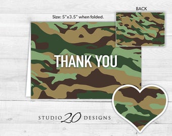 Instant Download Camo Thank You Card, Folded Green Camouflage Baby Shower Thank You Card, Military Camo Birthday Thank You Card 31B