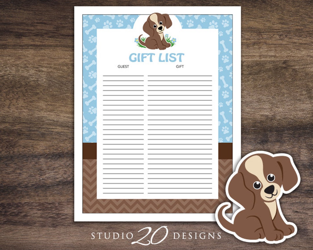 Instant Download Puppy Baby Shower Gift List, Printable Blue Brown Dog