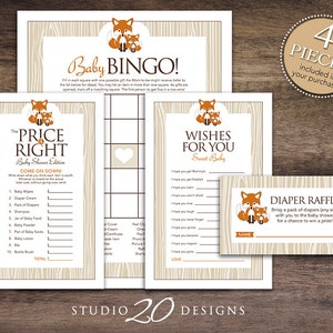 Instant Download Orange Fox Baby Shower Games Pack Unisex, Gender Neutrale Fox Bingo Kaarten, Prijs is goed, Wens voor Baby, Luier Raffle #65C