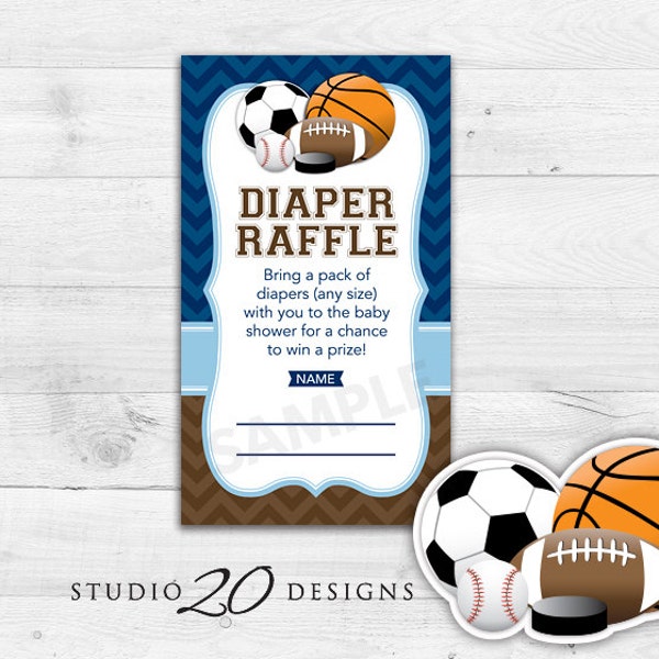 Instant Download Sports Diaper Raffle Cards, Printable Navy Brown Chevron Raffle, Soccer Baseball Basketball Football Baby Shower Raffle 80A