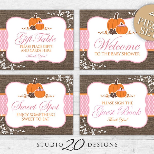 Instant Download Orange Pink Pumpkin Baby Shower Signs, 8x10 Gift Table, Rustic Welcome Sign, Burlap Treat Table Sign, Guest Book Sign #83A