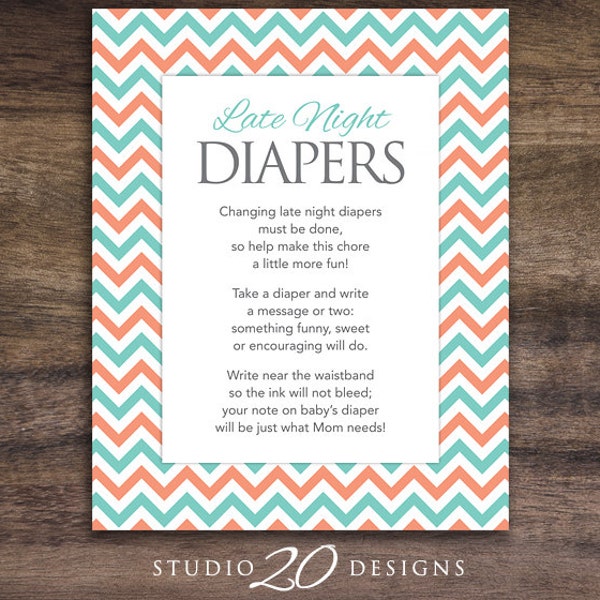 Instant Download Teal Coral Chevron Late Night Diapers, 8x10 Teal Chevron Diaper Thoughts, Baby Shower Decorate Diaper Activity 60B