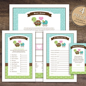 Instant Download Green Turtle Baby Shower Games Pack, Printable Turtle Bingo, Price Is Right, Wishes for Baby, Diaper Raffle 56A image 1