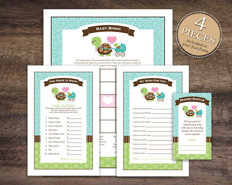 Instant Download Green Turtle Baby Shower Games Pack, Printable Turtle Bingo, Price Is Right, Wishes for Baby, Diaper Raffle 56A image 1