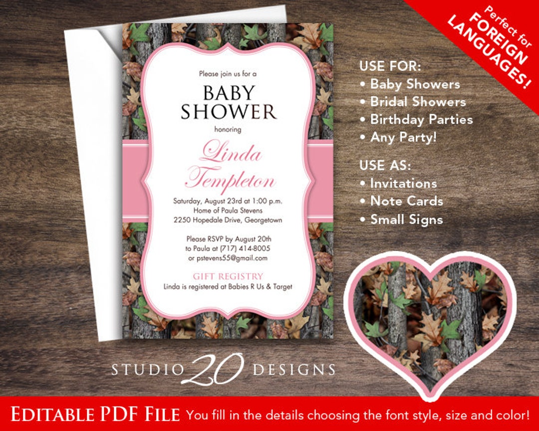 Pink Camo Baby Shower Invitations Editable Pdf, DIY 4x6 Realistic  Camouflage Birthday Invites, AUTOFILL Enabled, Instant Download 31D - Etsy, image size:1080x864