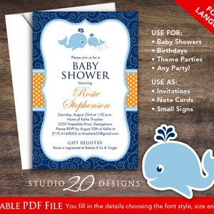 Whale Baby Shower Invitations Editable Pdf, DIY 4x6 Printable Blue Orange Nautical Shower Invites AUTOFILL Enabled, Instant Download 20C zdjęcie 1