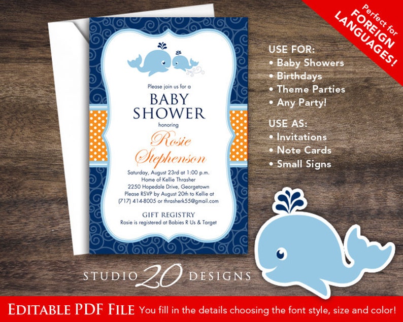 Whale Baby Shower Invitations Editable Pdf, DIY 4x6 Printable Blue Orange Nautical Shower Invites AUTOFILL Enabled, Instant Download 20C image 1