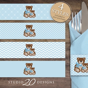 Sofortiger Download Teddy Bär Serviettenringe, druckbare blau braun Baby Dusche Serviettenetiketten, junge Teddy Geburtstag Serviettenhalter 42A