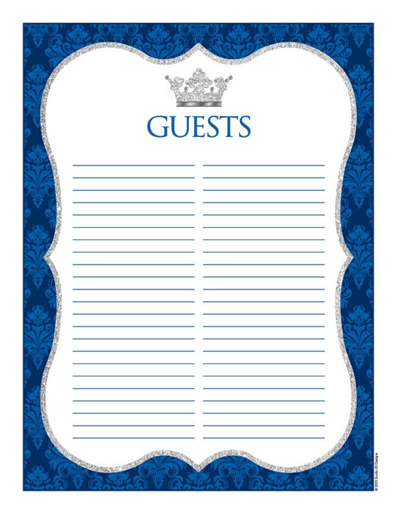 Instant Download Royal Blue Prince Guest List Printable Blue | Etsy