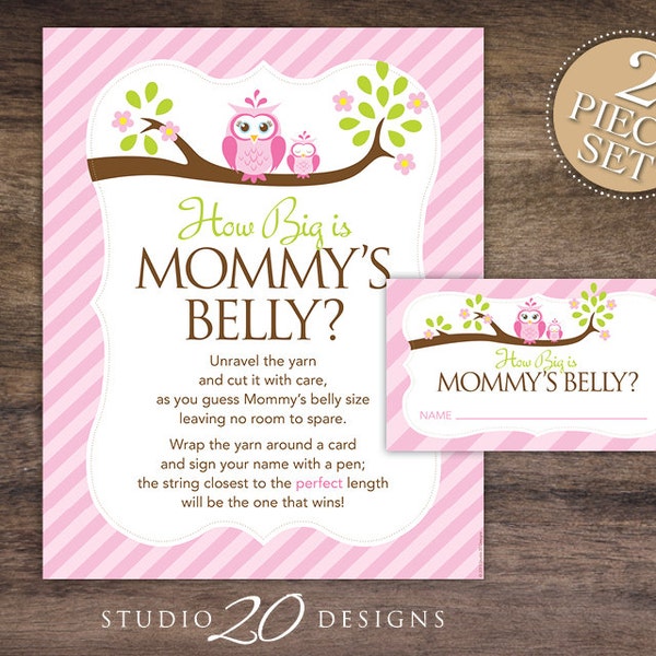 Instant Download Pink Owl How Big is Mommy's Belly Baby Shower Game, Pink Brown Owl Baby Bump Game, Guess Tummy Size for Girl #23E