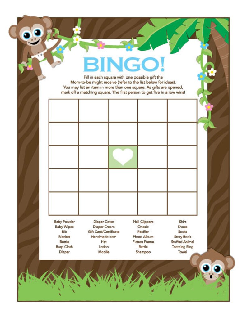 Instant Download Monkey Bingo Game Printable Blue Monkey Baby Etsy