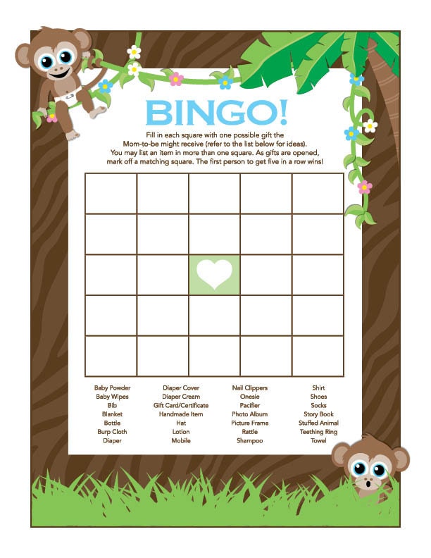 Instant Download Monkey Bingo Game Printable Blue Monkey Baby Etsy