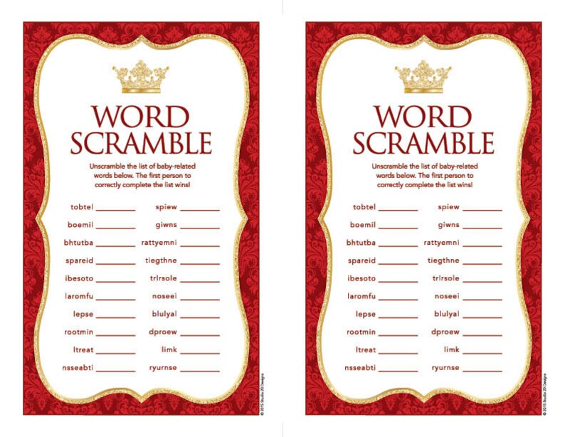 Instant Download Royal Red Prince or Princess Baby Word Scramble, Gold ...
