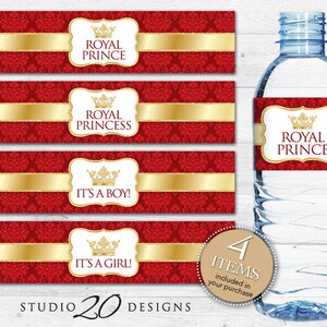 Instant Download Royal Red Prince or Princess Bottle Labels, Printable Red Gold Crown Water Bottle Labels, Regal Baby Shower Wraparounds 66E