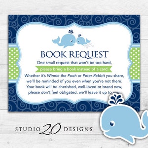 Instant Download walvisboekverzoek, blauwgroene walvisboek in plaats van kaart, nautisch thema babyshowerspellen, één klein verzoek 20B