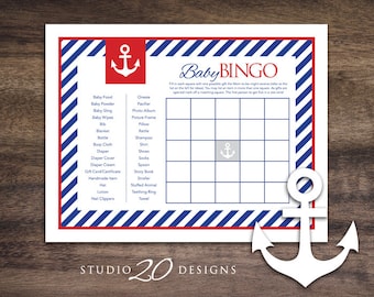 Instant Download Anchor Baby Shower Bingo Cards, Printable Sailor Theme Bingo Game for Baby Boy, Nautical Red Blue Baby Bingo 26A