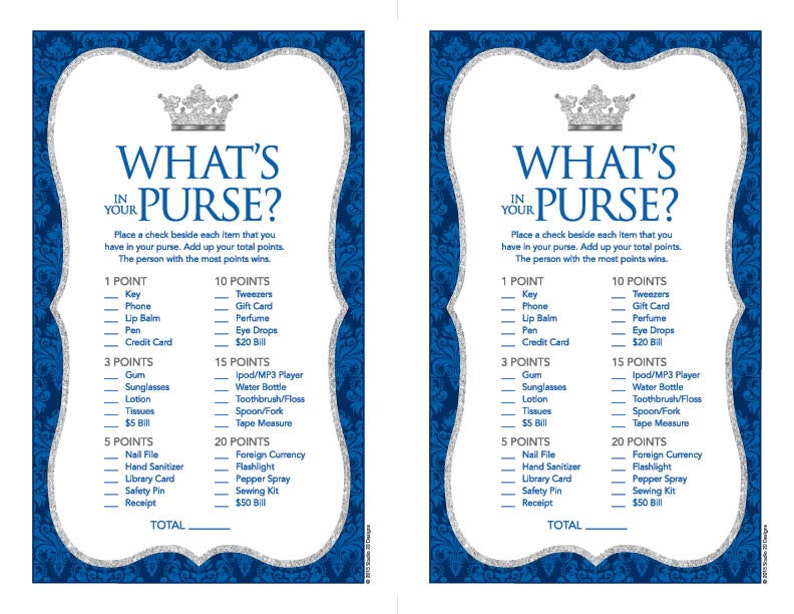 Instant Download Royal Blue Prince What's In Your Purse Game, Silver Prince Baby Shower Games, Printable Royal Blue Crown Purse Game 66F image 4