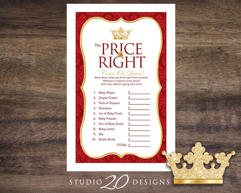 Instant Download Royal Red Prince or Princess Price Is Right Game, Printable Gold Glitter Baby Shower Games, Crown Theme Price Is Right 66E image 1