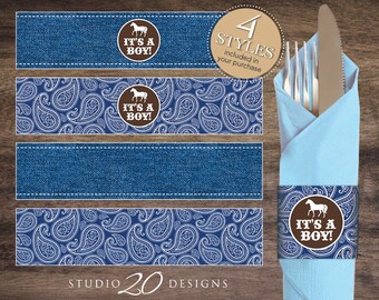 Instant Download Country Western Napkin Rings, Printable Navy Blue Cowboy Baby Shower Napkin Labels, Baby Boy Horse Birthday Napkin Ring 94B