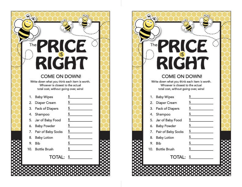 Instant Download Bee Theme Baby Shower The Price Is Right Game Cards, Bumblebee Printable Party Sheets for Girl Boy Unisex 36A image 3