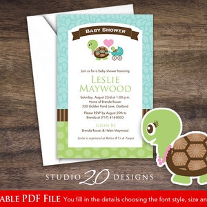 Instant Download Turtle Baby Shower Invitations Editable Pdf, DIY 4x6 Printable Baby Shower Turtle Invites, AUTOFILL enabled 56A image 1