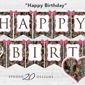 Instant Download Pink Camo Happy Birthday Banner, Girl Camouflage Bunting Banner, Realistic Camo Pendent Banner, Camo Birthday Banner 31D
