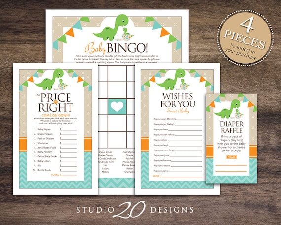 Instant Download Dinosaur Baby Shower Games Pack, Baby Boy Dinosaur Bingo Game, Price Is Right, Wishes for Baby, Diaper Raffle #59A