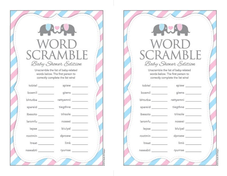 Instant Download Gender Reveal Elephant Word Scramble Baby