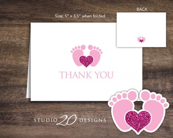 Instant Download Footprint Thank You Card, Folded Grey Pink Glitter Baby Shower Thank You Card for Girl, Folded Baby Feet Card 75A