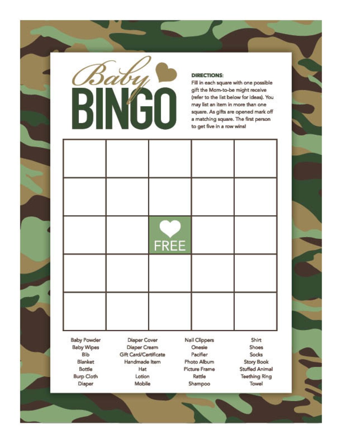 Instant Download Green Camo Baby Shower Games Printable - Etsy