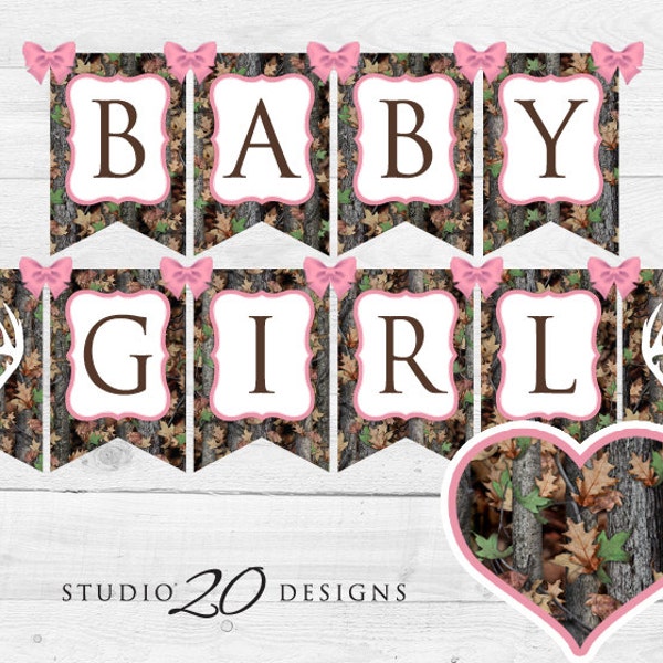 Instant Download Pink Camo Baby Shower Banner, Baby Girl Camouflage Bunting Banner, Realistic Camo Pendent Banner, Camo Shower Banner 31D