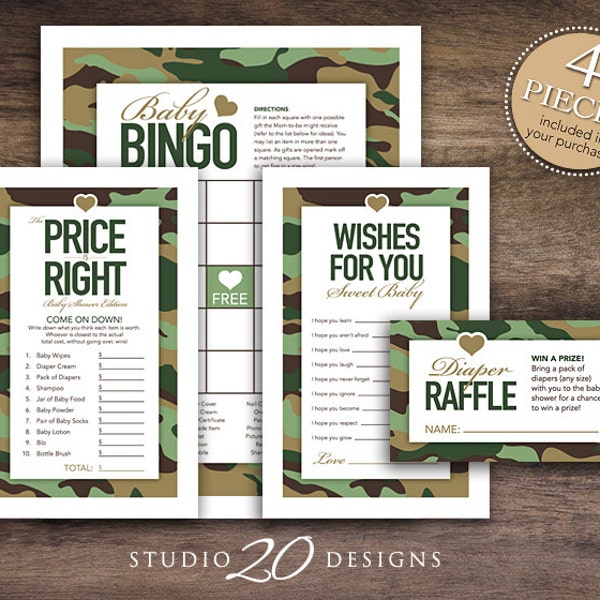 Instant Download Geen Camo Baby Shower Games Pack, Printable Camouflage Bingo, Price Is Right, Wishes for Baby, Diaper Raffle #31B