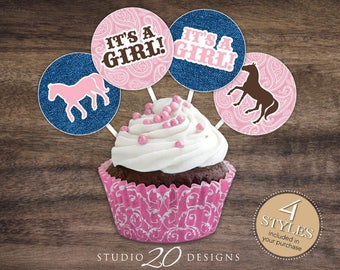 Instant Download Pink Cowgirl Cupcake Toppers, 2" Horse Baby Shower Cupcake Toppers, It's A Girl Pink Country Western Cupcake Toppers 94A