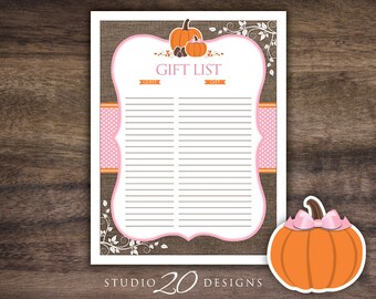 Instant Download Orange Pink Pumpkin Baby Shower Gift Registry, Printable Girl Pumpkin Gift List, Rustic Burlap Gift Tracking Sheet #83A