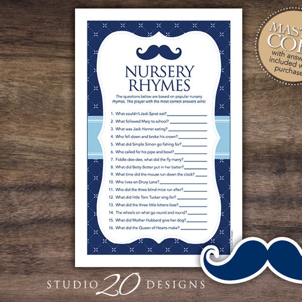 Instant Download Navy Blue Mustache Nursery Rhyme Quiz, Printable Moustache Baby Shower Nursery Rhymes Game, Blue Little Man Baby Games #27B