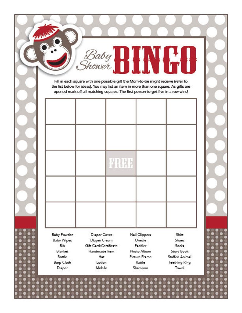 Instant Download Sock Monkey Theme Baby Shower Games Pack, Printable Gender Neutral Bingo, Price Is Right, Wishes, Diaper Raffle 30A image 4