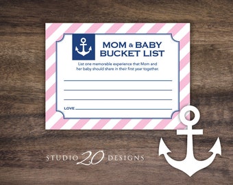 Instant Download Pink Anchor Baby Bucket List Cards, Printable Nautical First Year Bucket List, Sailor Baby Shower Bucket List for Girl 26C