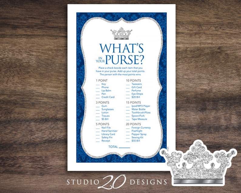 Instant Download Royal Blue Prince What's In Your Purse Game, Silver Prince Baby Shower Games, Printable Royal Blue Crown Purse Game 66F image 1