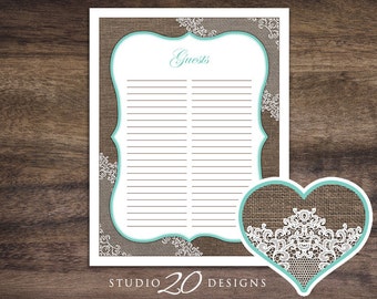 Instant Download Burlap and Lace Guest List, Rustic Baby Shower Guest Sign In Sheet, Aqua Burlap Lace Bridal Wedding Guest Sign-In Sheet 73B