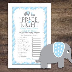 Instant Download Elephant Theme Baby Shower The Price Is Right Game Cards, Printable Party Sheets, Boy Blue Grey Striped Card #22C