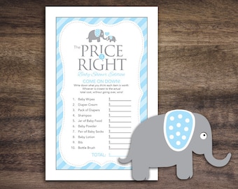 Instant Download Elephant Theme Baby Shower The Price Is Right Game Cards, Printable Party Sheets, Boy Blue Grey Striped Card #22C