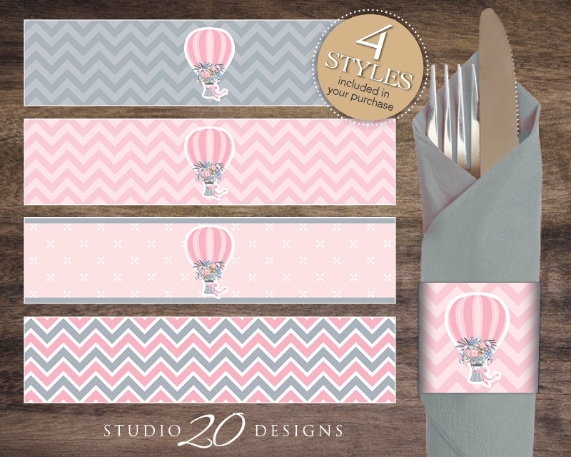 Instant Download Hot Air Balloon Napkin Rings Printable Pink Grey Chevron Up Up and Away Baby Shower Napkin Wraparounds 88A