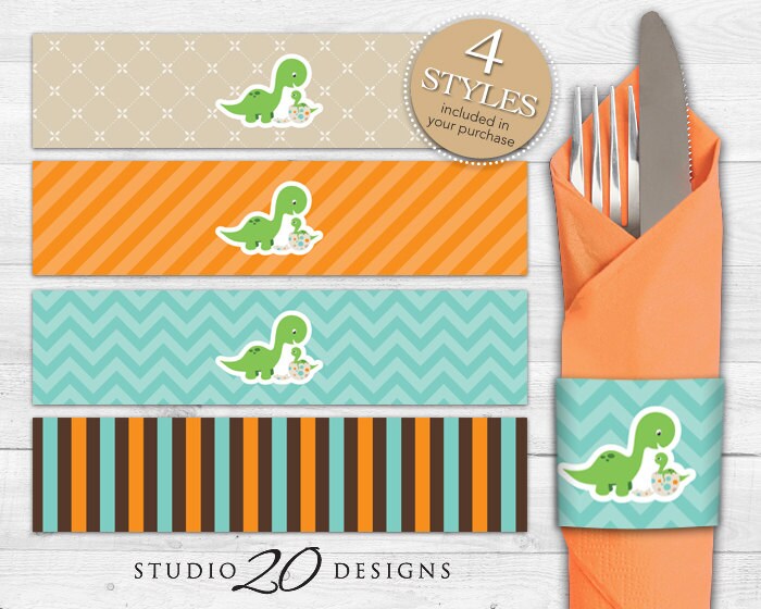 Dinosaur Napkin Rings Instant Download Dinosaur Baby Shower Napkin Rings Teal Orange Dinosaur Birthday Napkin Wraparounds 59A