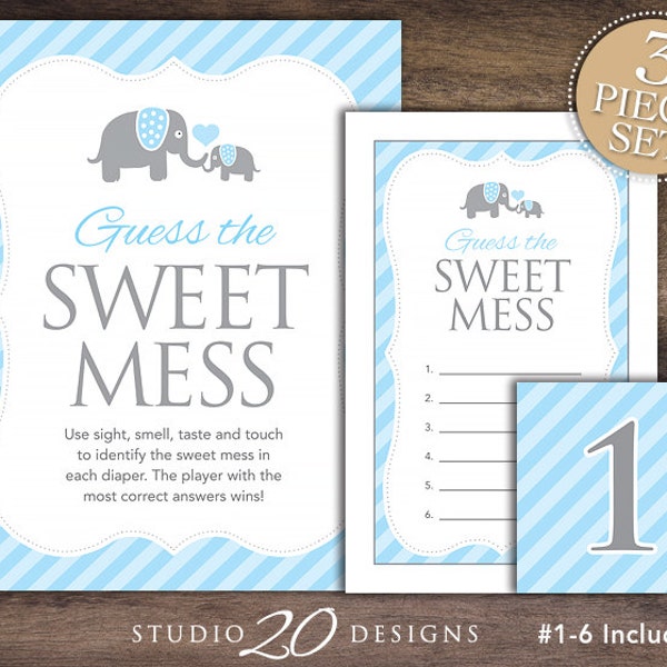 Instant Download Blue Elephant Guess the Sweet Mess Baby Shower Game, Blue Grey Elephant Dirty Diaper, Boy Baby Shower Candy Bar Game 22C